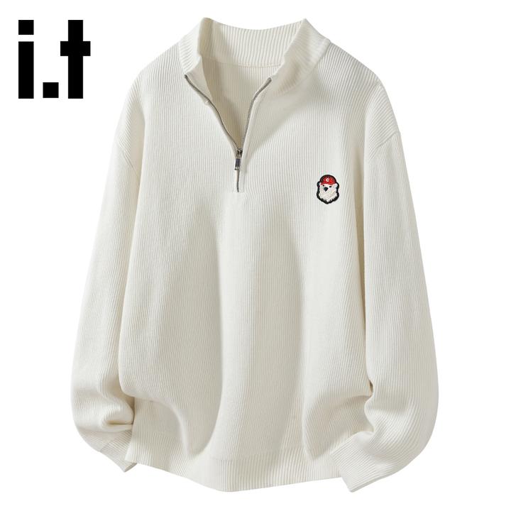 it:CHOCOOLATE潮流半拉链针织毛衣2025秋冬保暖时尚小熊绣花上衣
