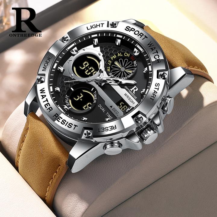 男士时尚多功能跨境真皮石英表男潮流防水电子学生