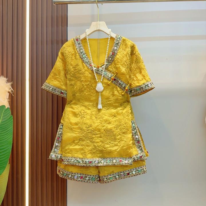 2025新中式时尚复古盘扣国风气质拼接上衣显瘦短款套装