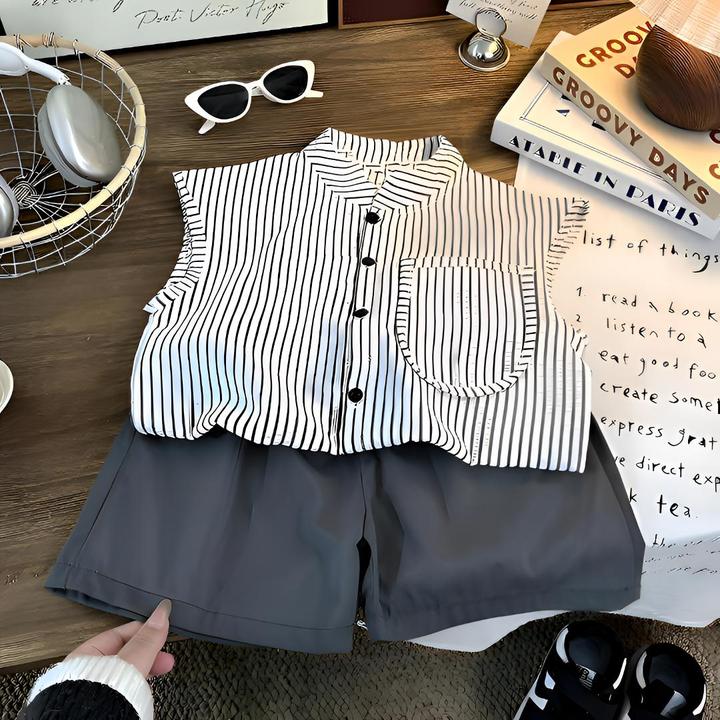 【实体品质】儿童夏季套装2025新款坎肩衬衫短裤男女宝洋气泡芙感