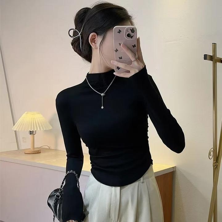 正肩德绒半高领长袖打底衫女秋冬内搭设计感小众褶皱修身上衣t恤