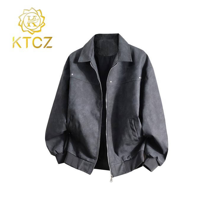 KTCZ美式复古翻领皮衣外套男春秋款潮牌宽松百搭夹克男