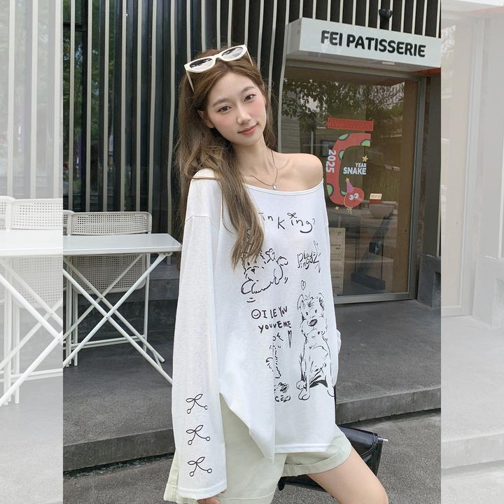 时尚白色卡通印花露肩长袖T恤女2025夏季新款慵懒风宽松显瘦上衣