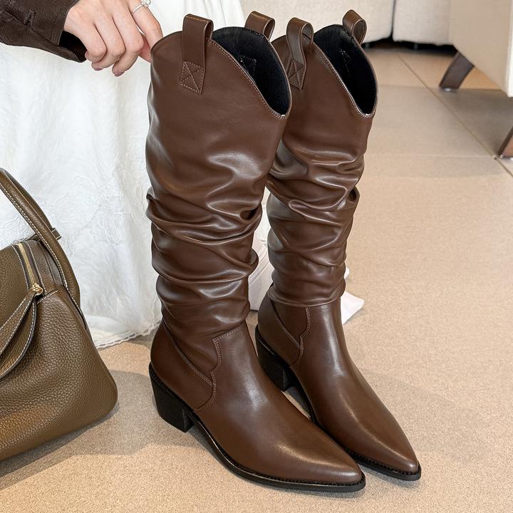 elingstudio 爆显瘦！！棕色尖头粗跟V口长筒靴女秋冬季骑士靴子