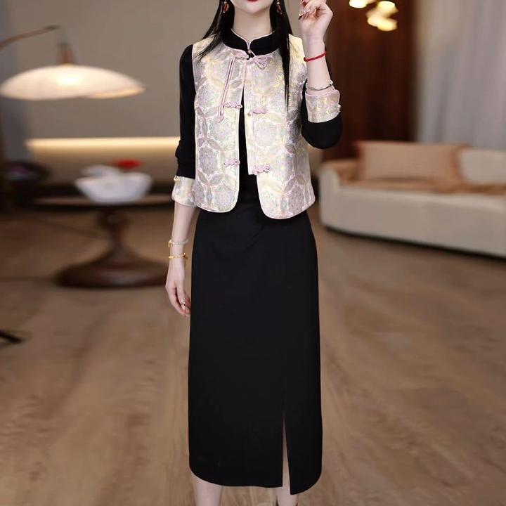 高级花罗缎新中式气质国风时尚礼服裙2025春秋新款马甲裙子俩件套