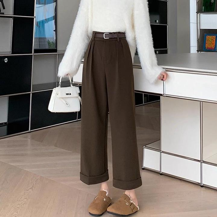 卷边毛呢阔腿裤女秋冬新款高腰显瘦休闲裤加厚宽松九分西装直筒裤