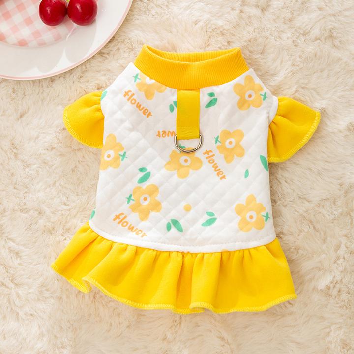 狗狗裙子宠物花朵满印飞袖可牵引连衣裙猫咪两脚裙子公主风衣服秋