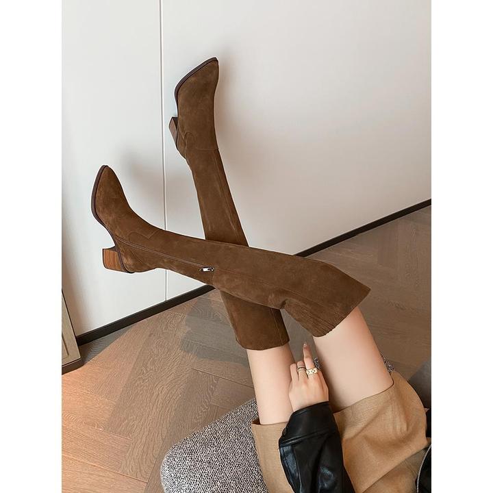 真皮粗高跟咖色长筒过膝靴女2025新款秋冬显瘦长靴翻毛皮靴骑士靴
