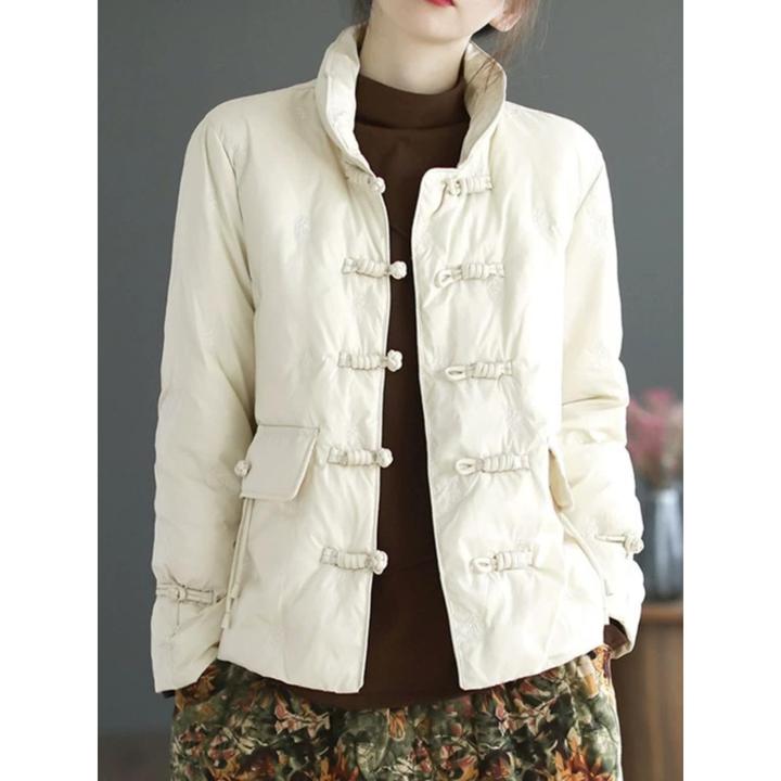 夹棉长袖开衫女冬季短款覆古刺绣盘扣立领上衣百搭保暖外套潮