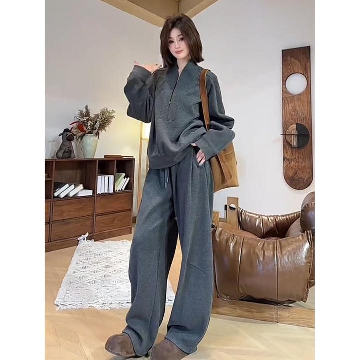 美式立领卫衣 阔腿裤两件套女2025秋新款宽松显瘦慵懒风百搭套装