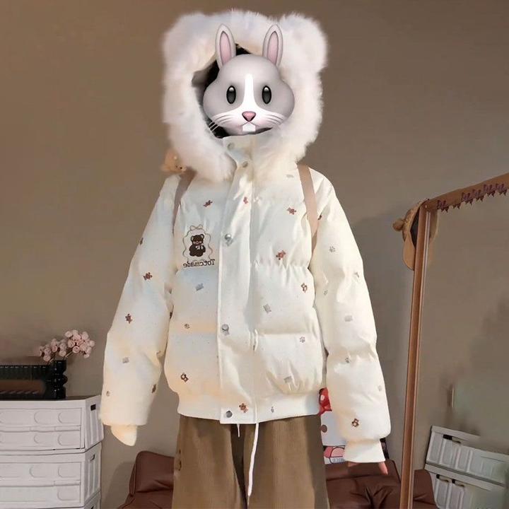 日系学院风毛领小熊连帽棉服女学生冬季新款甜美百搭保暖棉衣外套