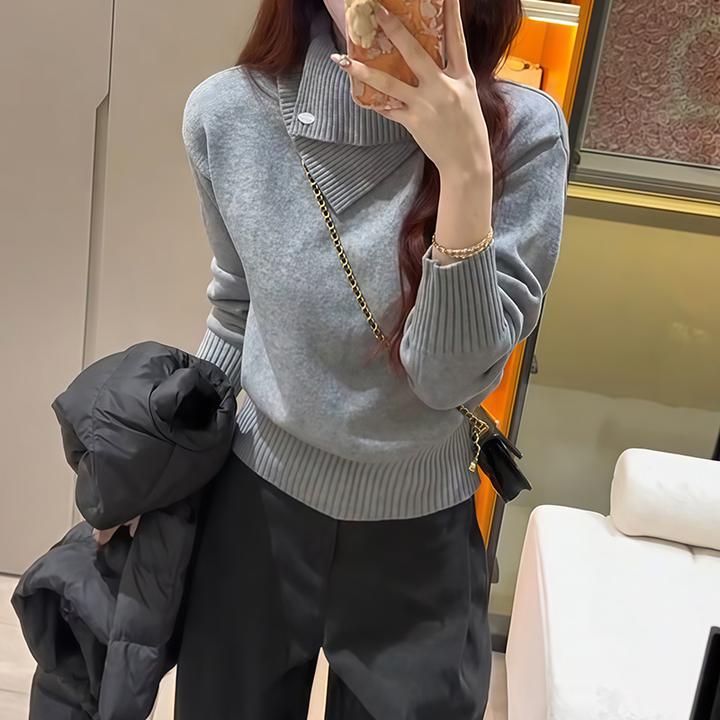 法式不规则灰色高领套头毛衣女秋冬加厚保暖慵懒风翻领针织衫上衣