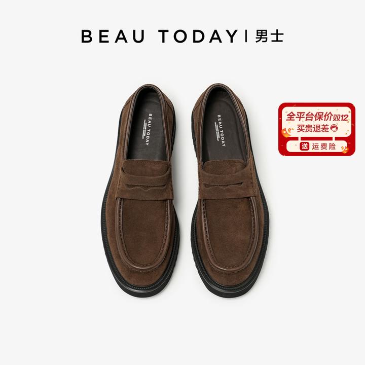 BeauToday【牛猄乐福鞋】男豆豆鞋单鞋休闲一脚蹬英伦风圆头增高秋