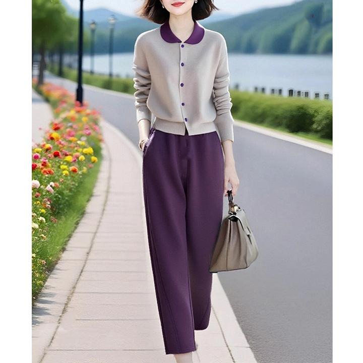 2025秋季新款高级感撞色翻领针织衫休闲气质九分裤两件套女套装潮