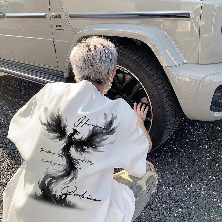 纯棉重磅国潮虚幻凤凰印花短袖t恤男女同款夏季潮牌学生宽松上衣