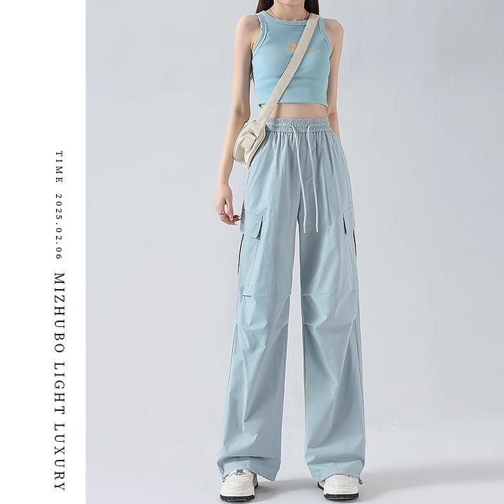 浅蓝色冰丝薄款工装裤女夏季2025新款美式速干设计感运动阔腿裤子
