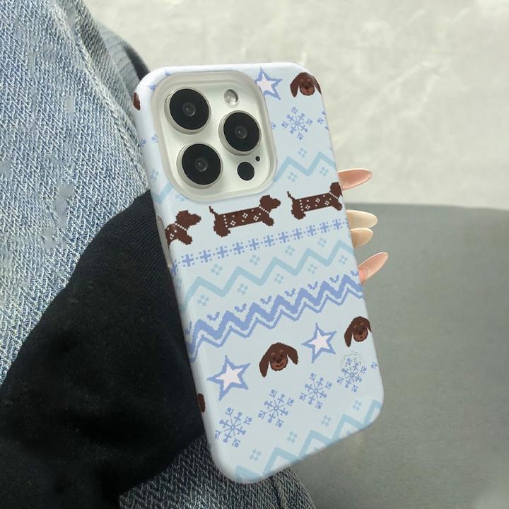 手绘腊肠狗双层菲林壳适用于苹果16手机壳爱心ins卡通透明全包可