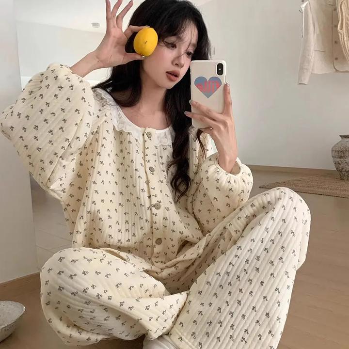 印像家2025秋冬季新款碎花睡衣女款保暖夹层宽松夹棉套装家居服