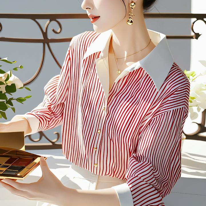 红色条纹长袖衬衫女2024秋季新款衬衣洋气高端别致polo领职业上衣