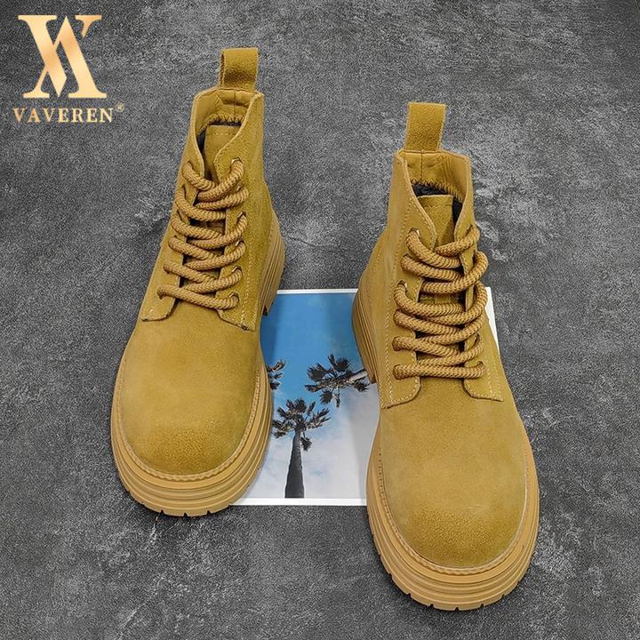 马丁靴男大黄靴大码高帮英伦风反绒皮情侣圆头系带男士反绒马丁靴