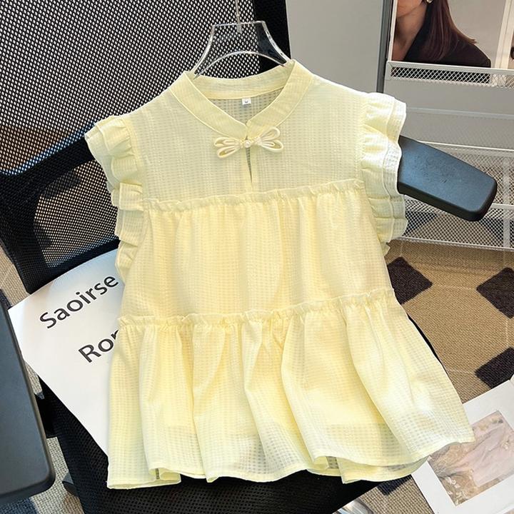 小众女装潮夏季新中式立领飞飞袖雪纺衬衫女设计感木耳边减龄上衣