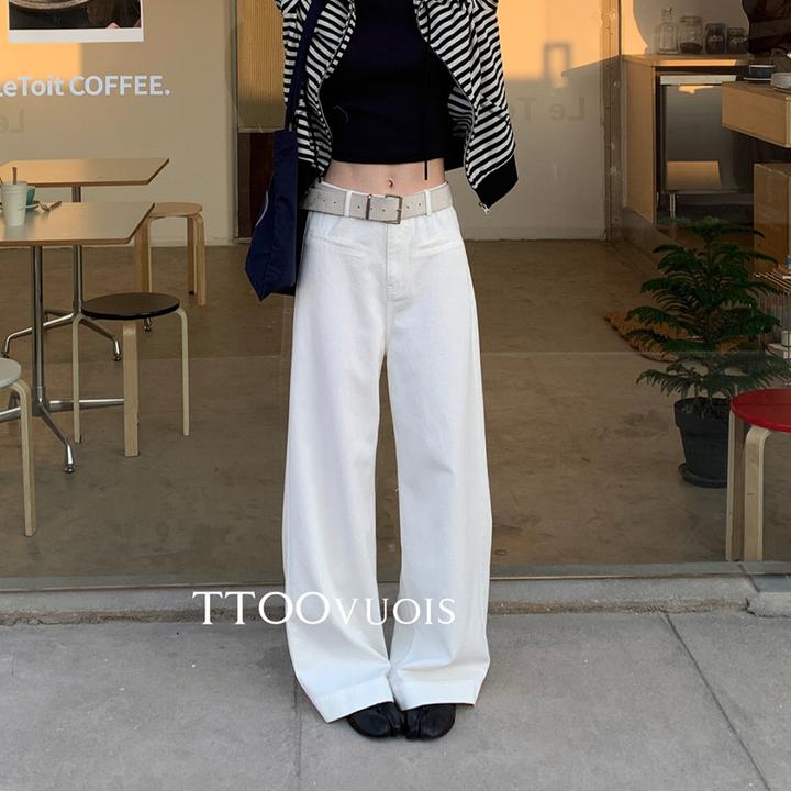 春季新款休闲松弛高级感中腰阔腿拖地直筒白色牛仔裤女