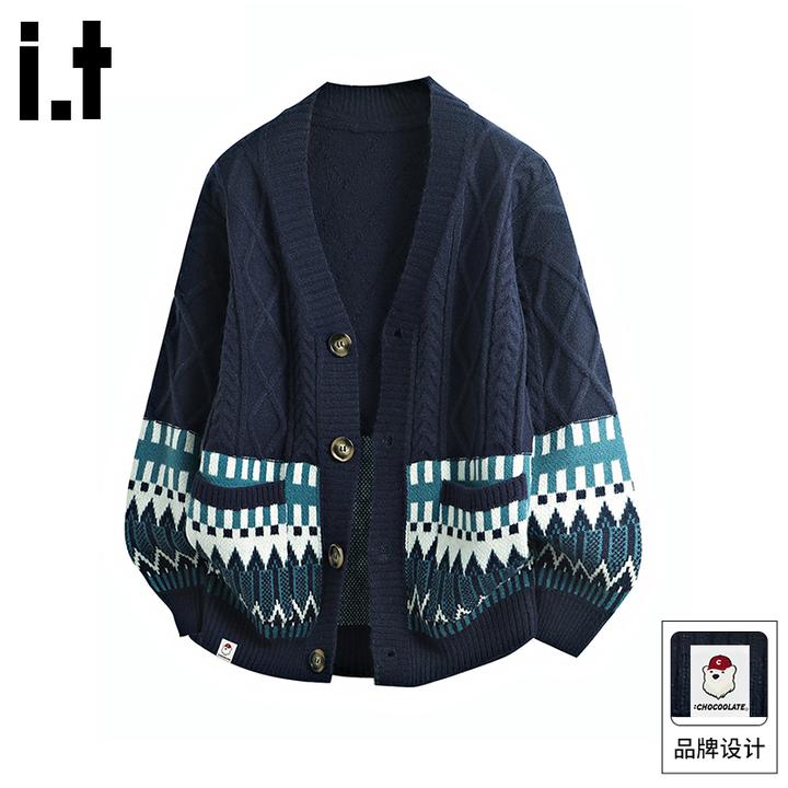 it: CHOCOOLATE日系复古菱格V领开衫毛衣男2025秋季宽松针织外套