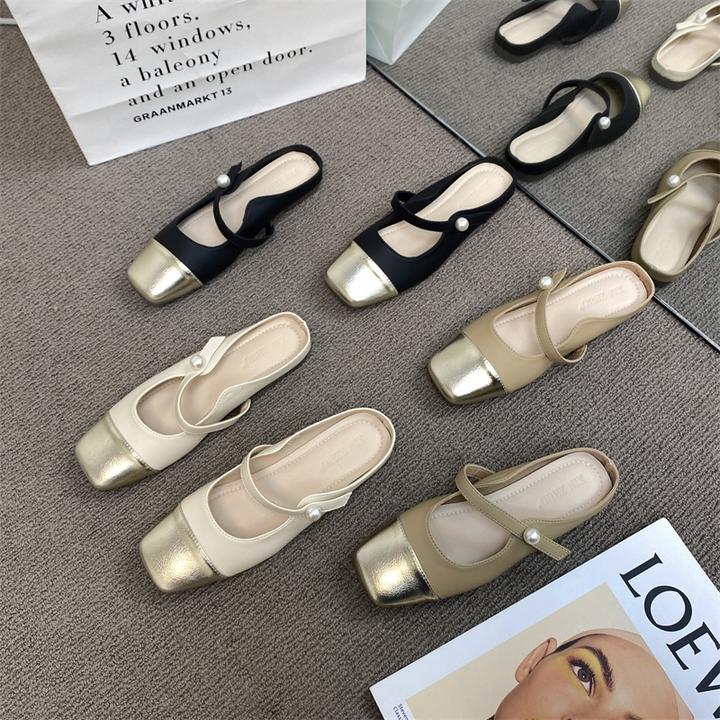 UHCK2025夏新款平底无后跟懒人金色穆勒鞋珍珠带拼色包头半拖鞋女