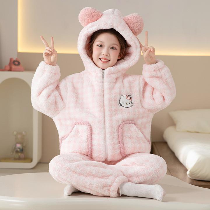 冬季法兰绒儿童睡衣可爱女童套装中大童小女孩公主连帽开衫家居服
