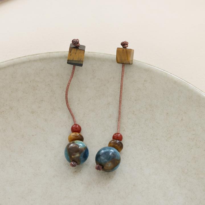 铜合金石英石耳饰 「九寨沟」长款耳钉 气质国潮复古风民族禅意耳环