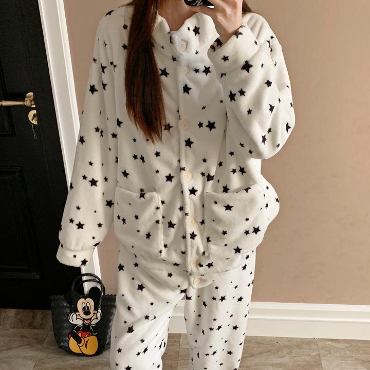 睡衣女秋冬季珊瑚绒大码加厚2025新款星星套装法兰绒可外穿家居服
