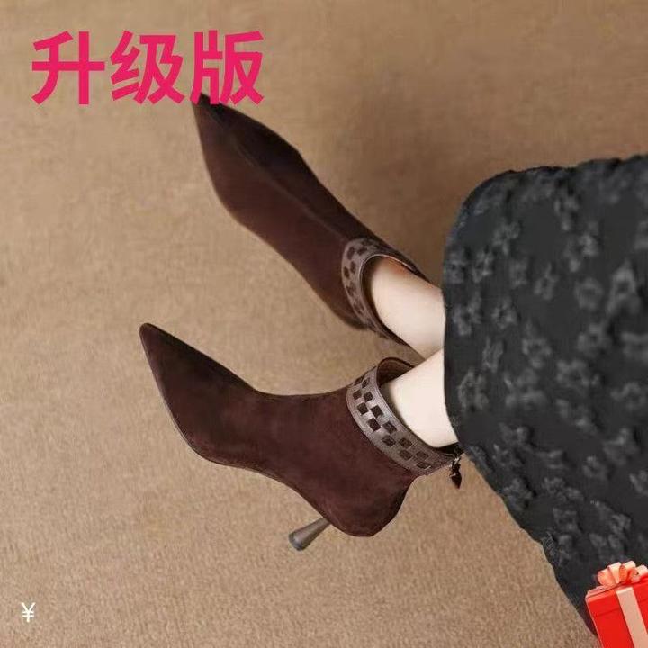 细跟短靴女复古磨砂气质简约裸靴2025新款秋冬尖头高跟鞋法式踝靴