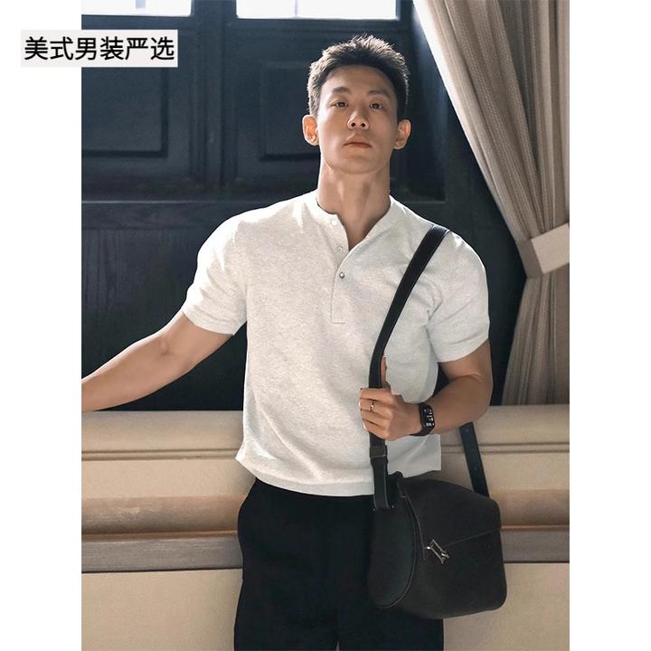美式亨利领短袖男款夏季健身运动显肌肉无领T恤重磅收口袖POLO衫
