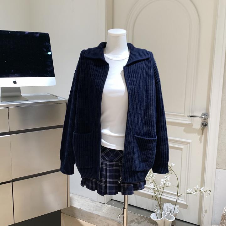 米白拉链毛衣女韩系秋冬新款慵懒风百搭宽松时尚厚实廓形外套上衣