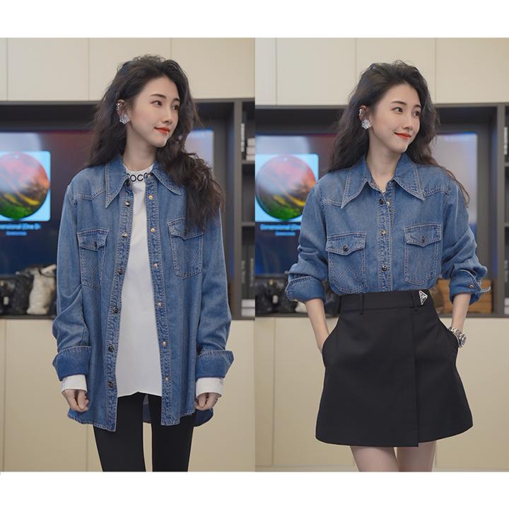 小乖逃设计师蓝色衬衫水洗牛仔休闲拼接牛仔衬衫复古百搭8115