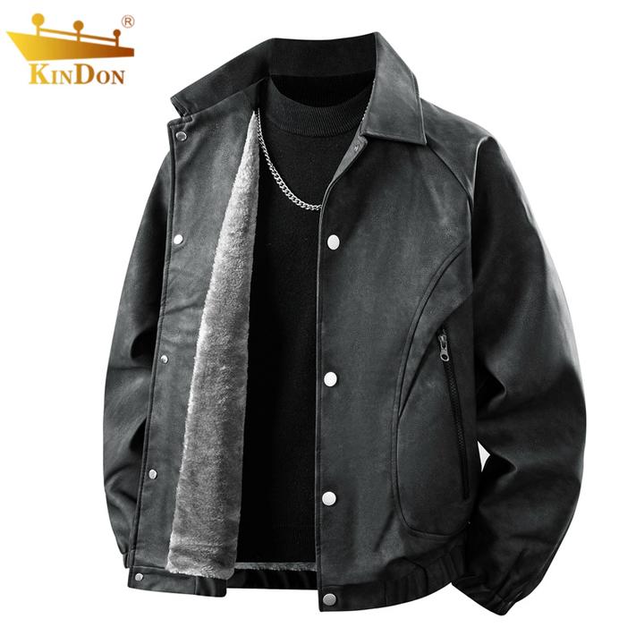 潮流复古港风翻领夹克PU皮男士秋冬季新款防风保暖加绒大码外套