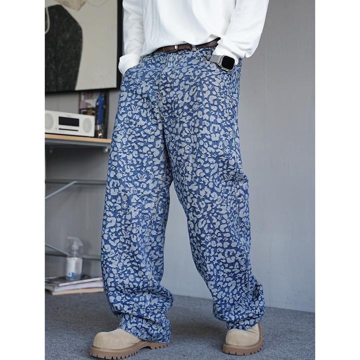 秋季美式休闲痞帅设计感满印提花牛仔裤男直筒宽松高街阔腿长裤潮