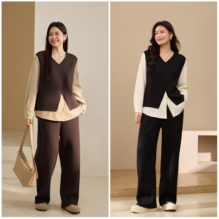 【人棉空气层】纤莉秀流光风小众拼接设计上衣休闲裤两件套QK4626