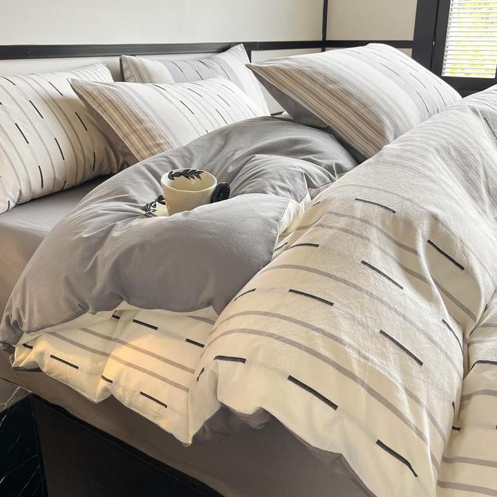 简约风全棉条纹床上四件套春夏纯棉提花高级感床单被套床品三件套