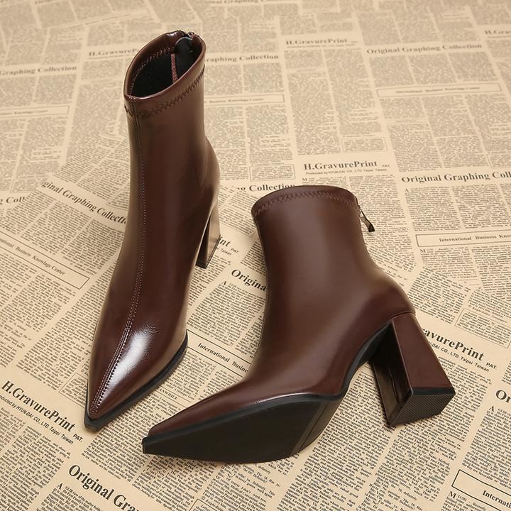 2025新款秋冬真皮超模法式尖头短靴高跟鞋女春秋韩系小踝靴气质ol
