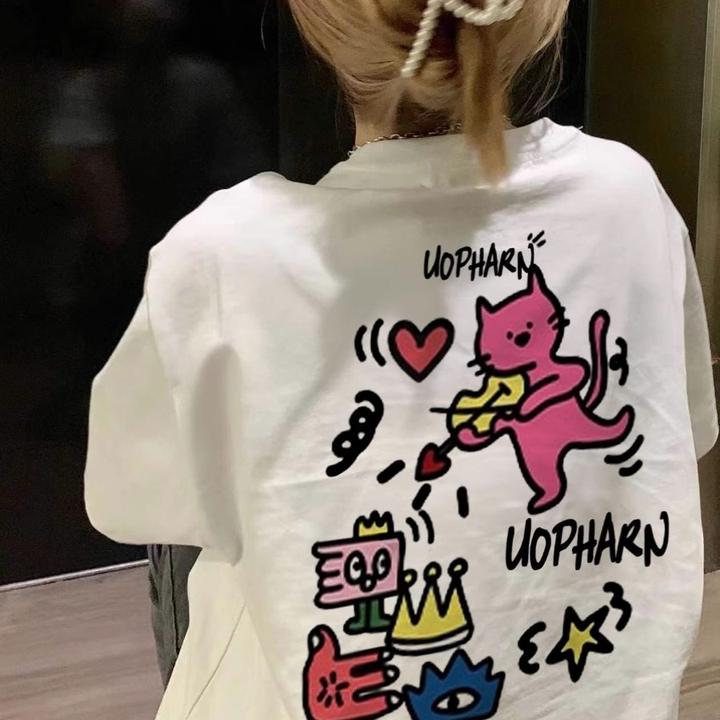 印花短袖圆领卡通白色印花休闲半袖韩版百搭夏季女t恤宽松ins微胖