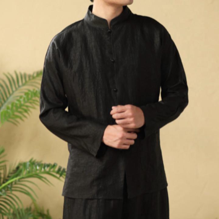 2025男士香云纱新中式男装长袖衬衫灯笼裤套装