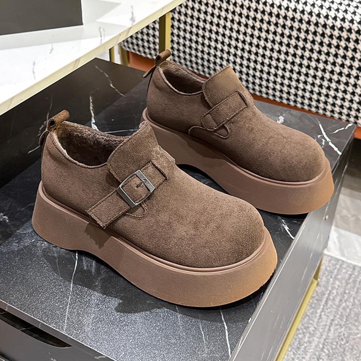 厚底勃肯鞋女2025冬季新款一脚蹬单鞋百搭真皮乐福鞋加绒保暖棉鞋