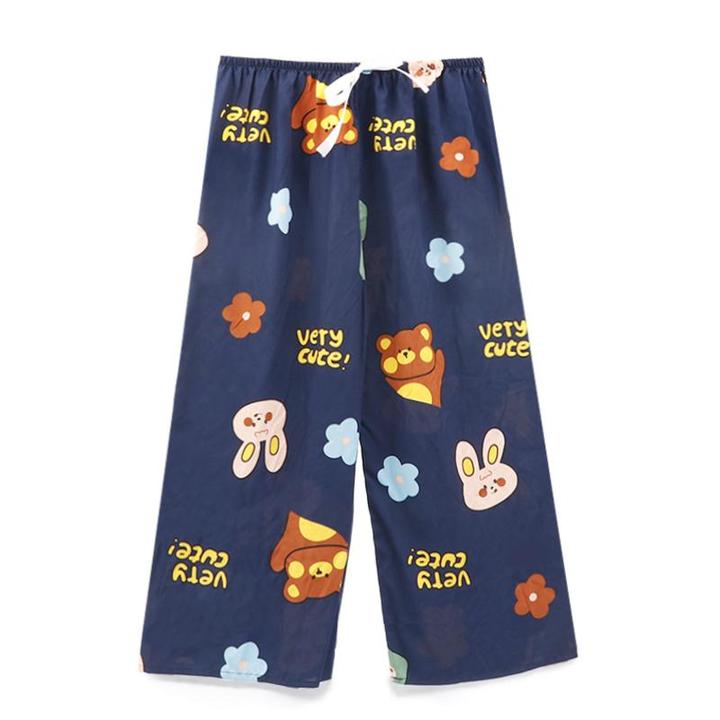 藏青小熊~人棉绵绸睡裤沙滩加长宽松休闲棉绸阔腿裤居家大码女装