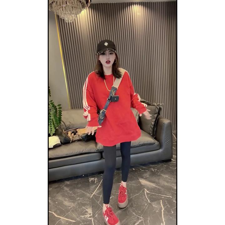 条杠长袖圆领少女风秋季卫衣宽松韩版时尚显瘦中长款秋冬休闲百搭