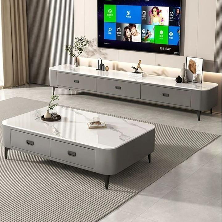 2025新款轻奢茶桌钢化玻璃电视柜客厅家用小户型家居落地茶几组合