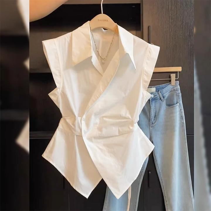 休闲风气质翻领无袖衬衫女不规则设计感收腰上衣2025夏季新款衬衣