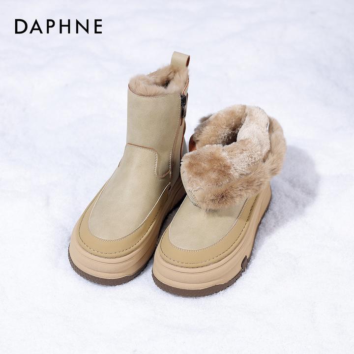 达芙妮真皮兔毛内里雪地靴女25新冬季加绒加厚防水防滑百搭马丁靴
