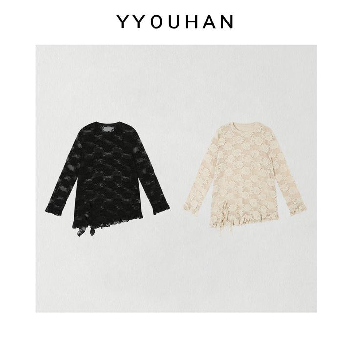 月月 2026春款不规则下摆时尚圆领镂空花朵蕾丝长袖T恤 2512C9080