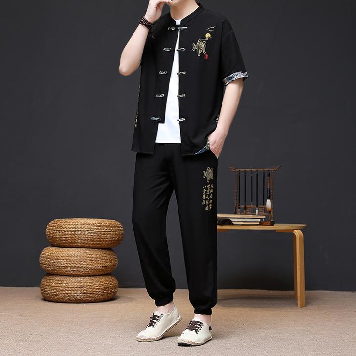 2025夏季潮男轻薄短袖新中式复古休闲立领唐装套装8659